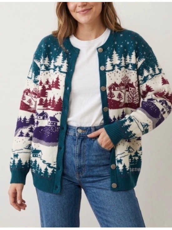 Northern Reflections Sweaters - Vintage 90s Northern Reflections Winter Scene Knit Cardigan Size Medium